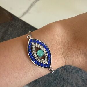 Evil Eye Blue Rhinestone Adjustable Bracelet Silver Tone NEW